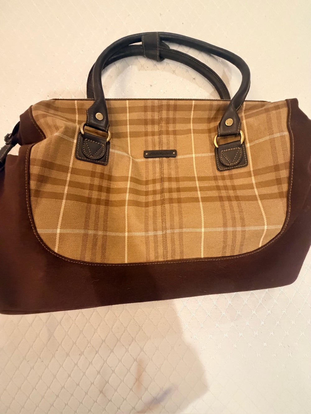 Eddie Bauer Tan Plaid Satchel with Dark Brown Trim